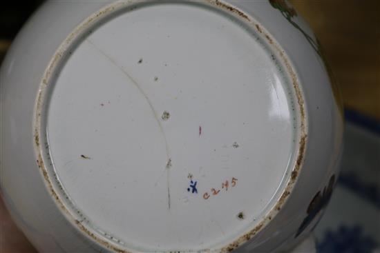 A Chinese export blue and white dish, four Imari plates and an 18th century English tea pot